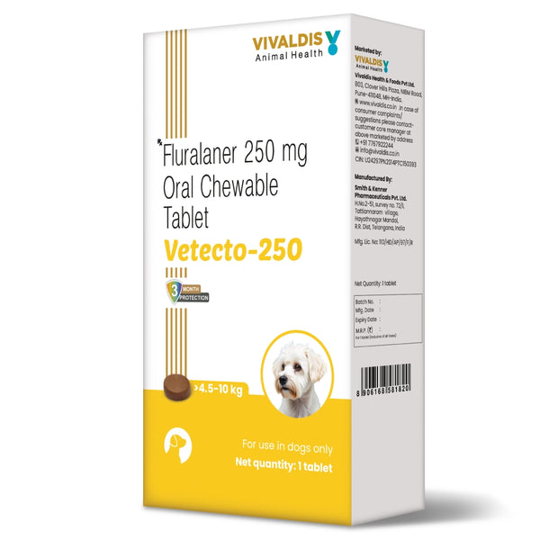 Vivaldis Vetecto 250 (Fluralaner) chewable Tick & Flea tablet for Dogs (1 Chewable tab)