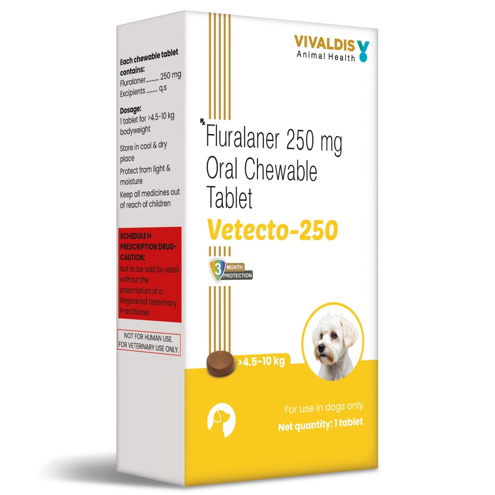 Vivaldis Vetecto 250 (Fluralaner) chewable Tick & Flea tablet for Dogs (1 Chewable tab) Dogs-Pharmacy Vivaldis Pharmacy 4.5kg - 10kg (1 Tab)