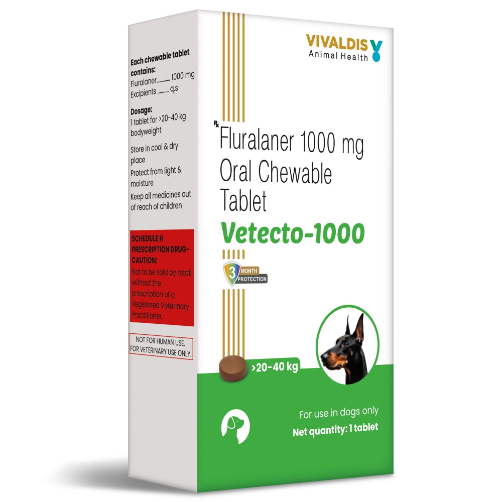 Vivaldis Vetecto 1000 (Fluralaner) chewable Tick & Flea tablet for Dogs (1 Chewable tab) Dogs-Pharmacy Vivaldis Pharmacy