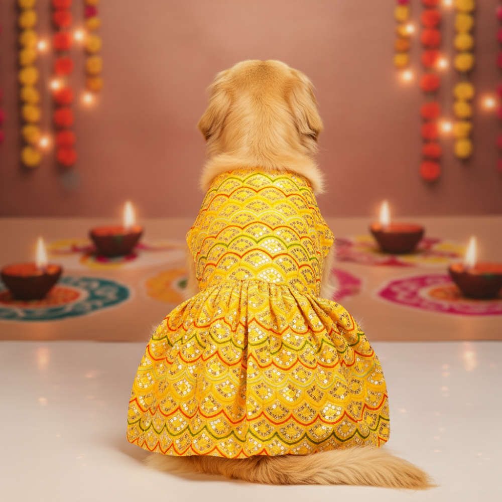 Skatrs Festive Sequence Embroidered Lehenga for Cats and Dogs (Yellow) Both-Clothing & Accessories Skatrs M
