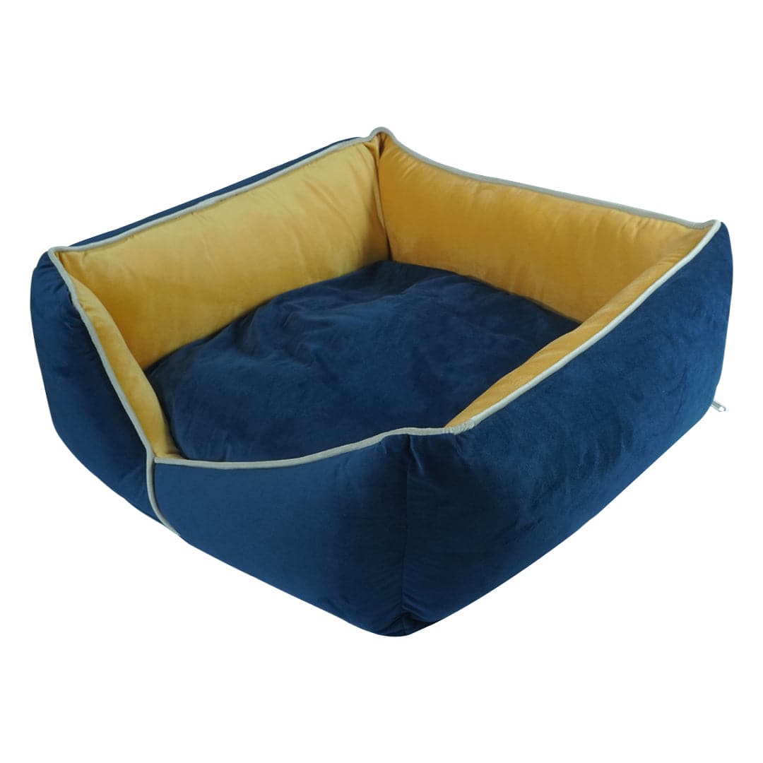 Hiputee Premium Holland Fabric Rectangular Bed for Dogs and Cats (Blue & Yellow)