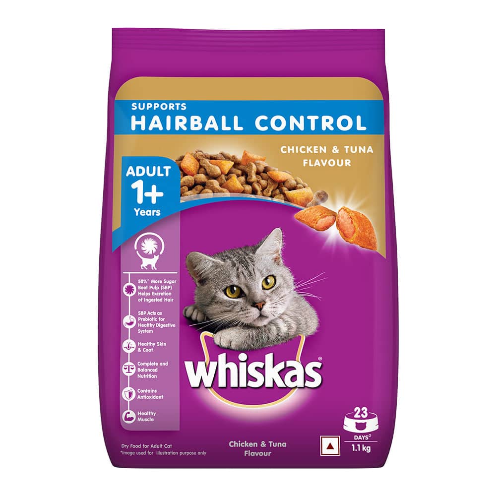 Whiskas Dry Food for Adult Cats (1+ Years), Supports Hairball Control - Chicken & Tuna Flavour