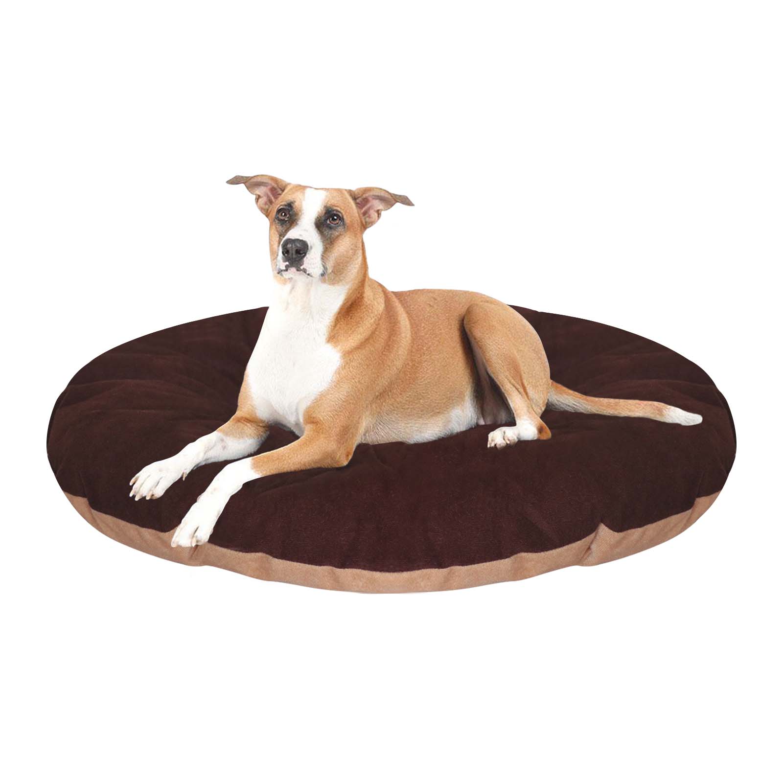 Hiputee Reversible Flat Velvet Round Shape Cushion for Dogs and Cats (Brown & Cream)