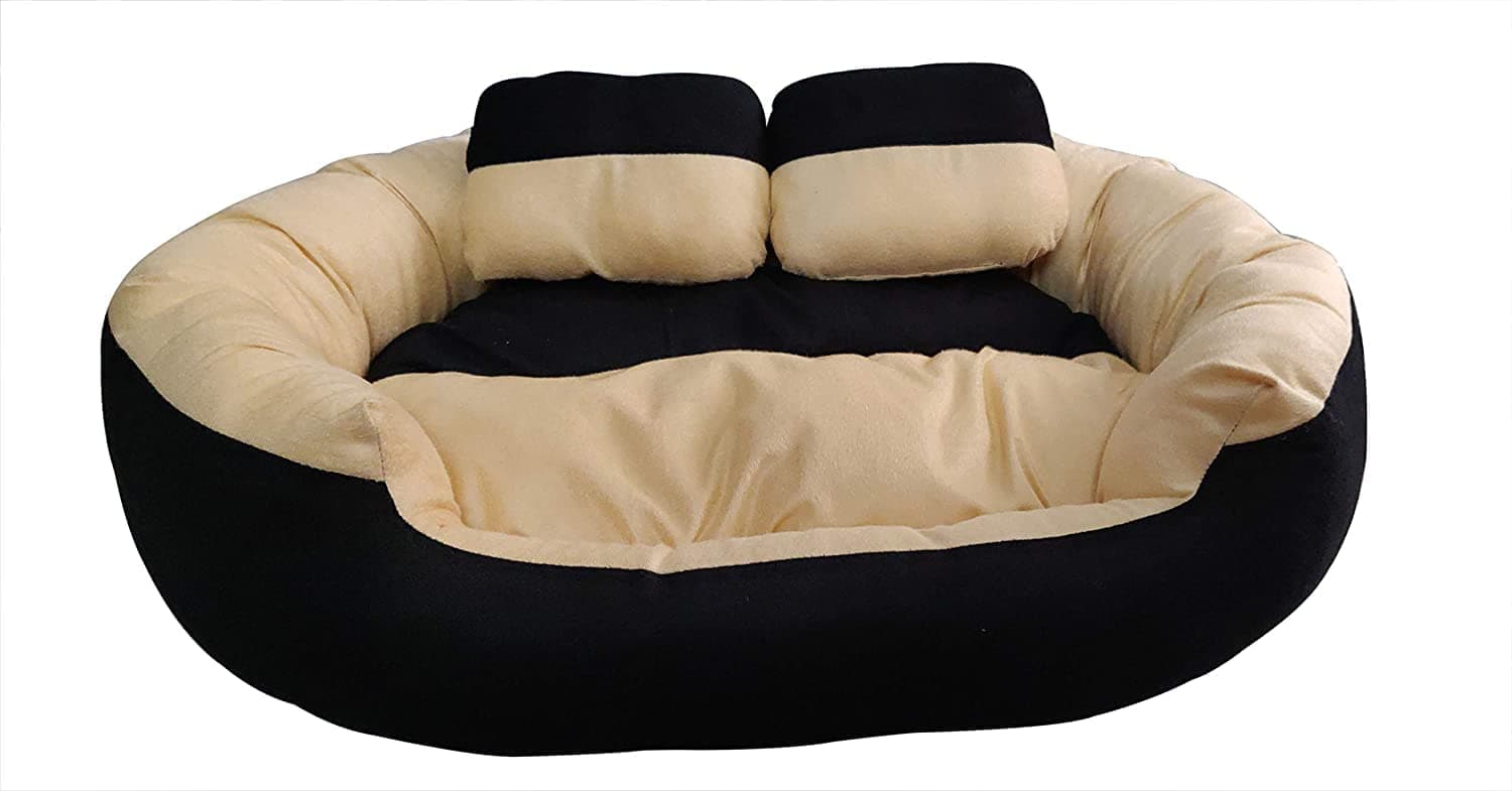 Hiputee Ultra Soft Reversible Fleece/Velvet with 2 Extra Pillows Bed for Dogs and Cats (Black Cream)