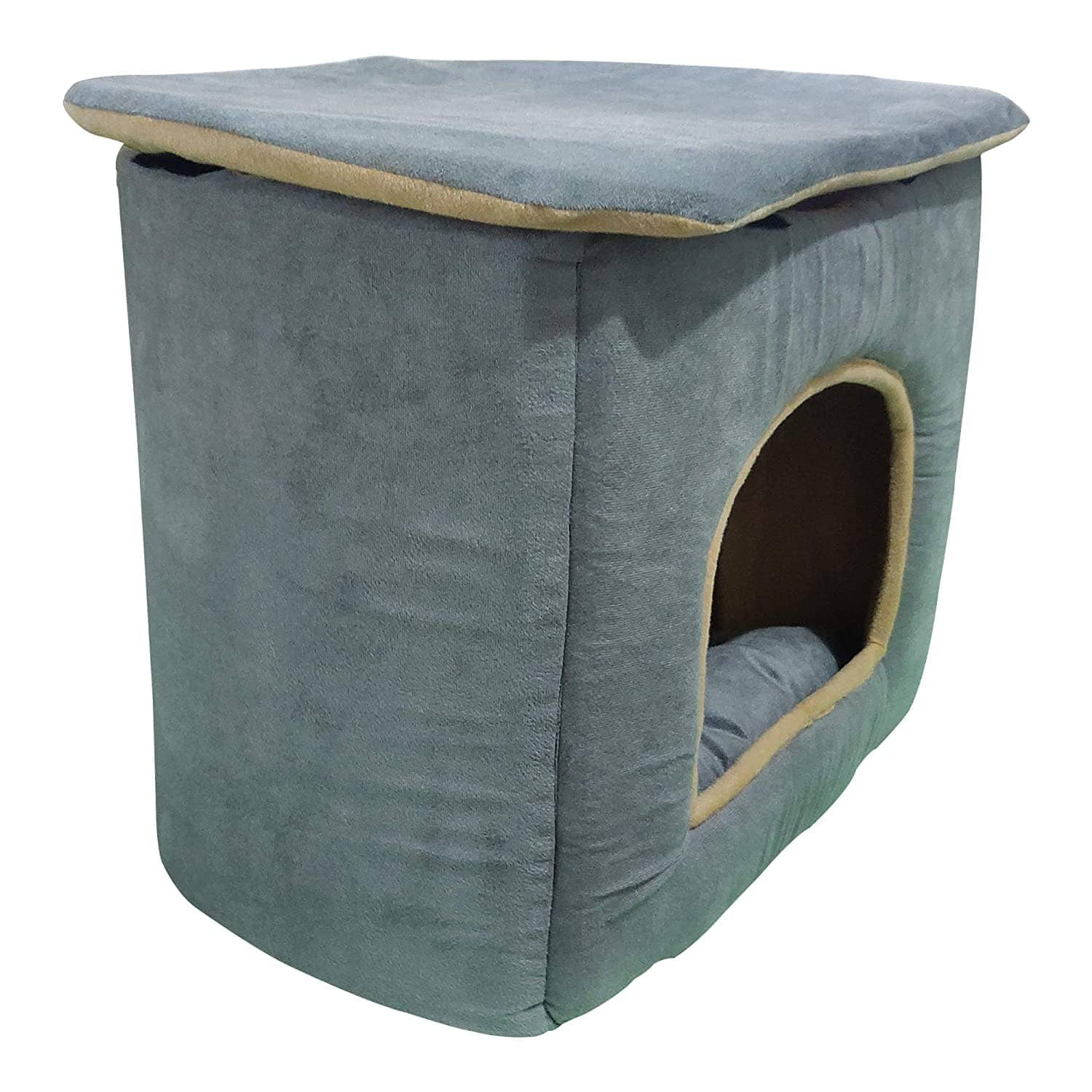 Hiputee Foldable D Shape Velvet House/Hut for Dogs and Cats (Grey & Cream)