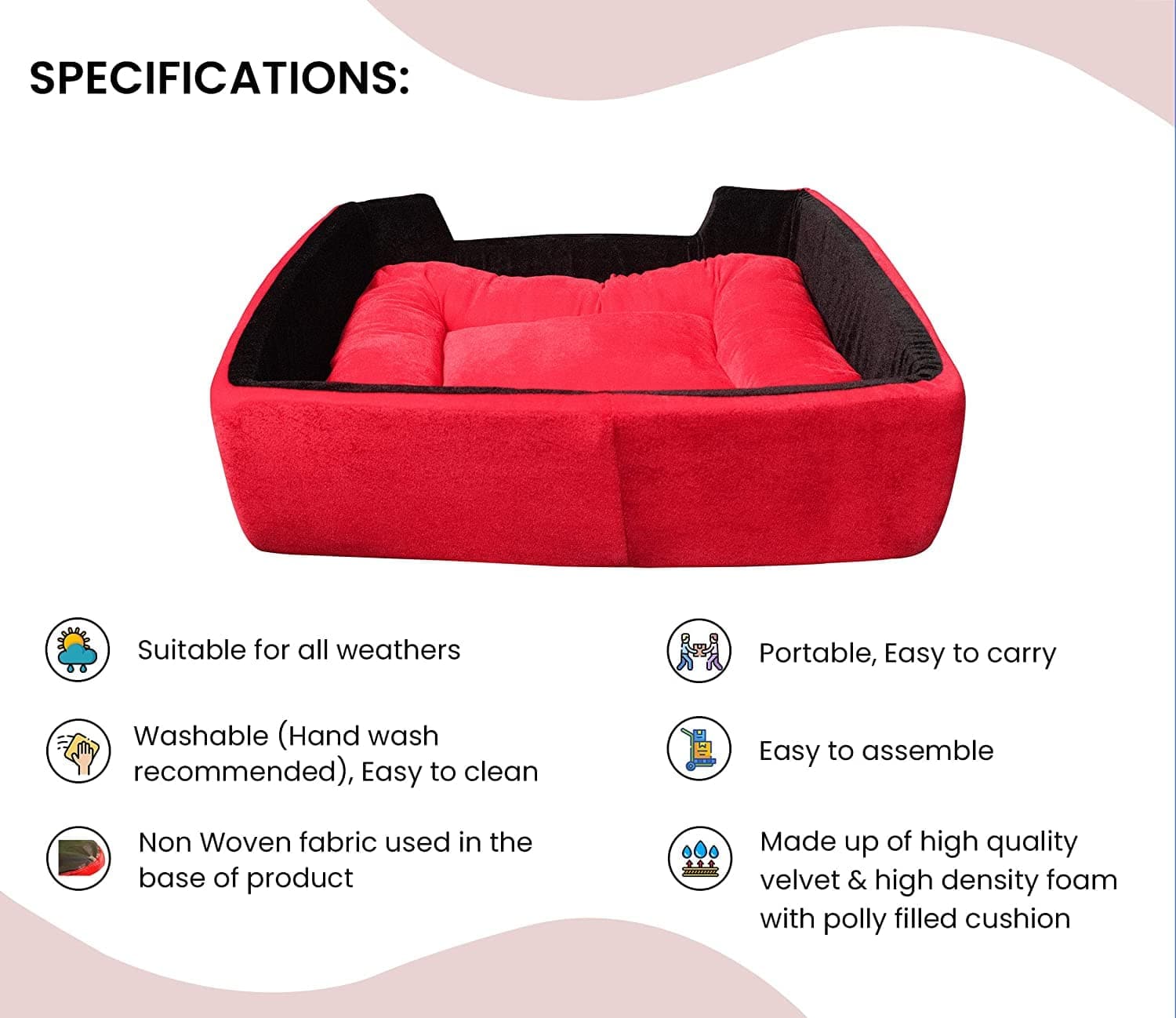 Hiputee Super Soft Dual Rectangle Velvet Bed for Dogs and Cats (Red Black)