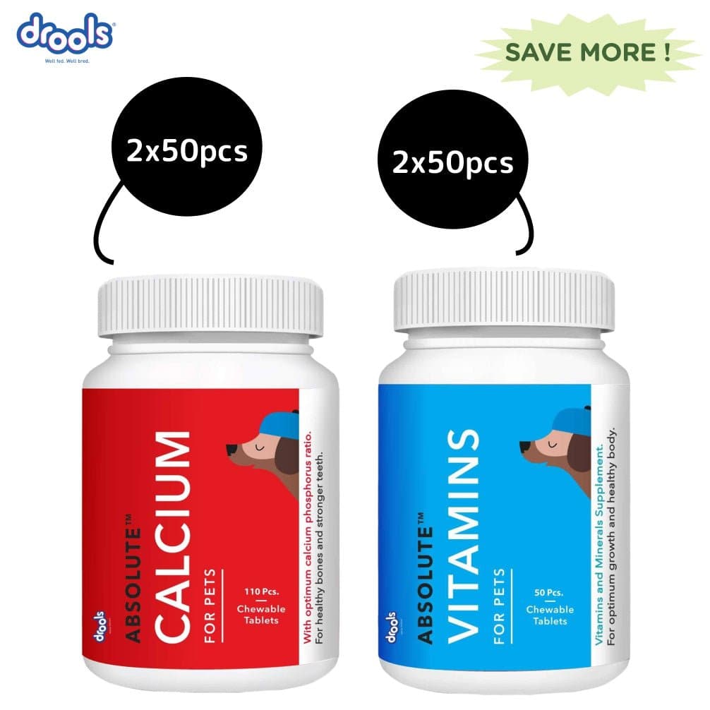 Drools Absolute Vitamin and Absolute Calcium Supplement Tablets for Dogs Combo Dogs-Health & Wellness Drools 4x50pcs