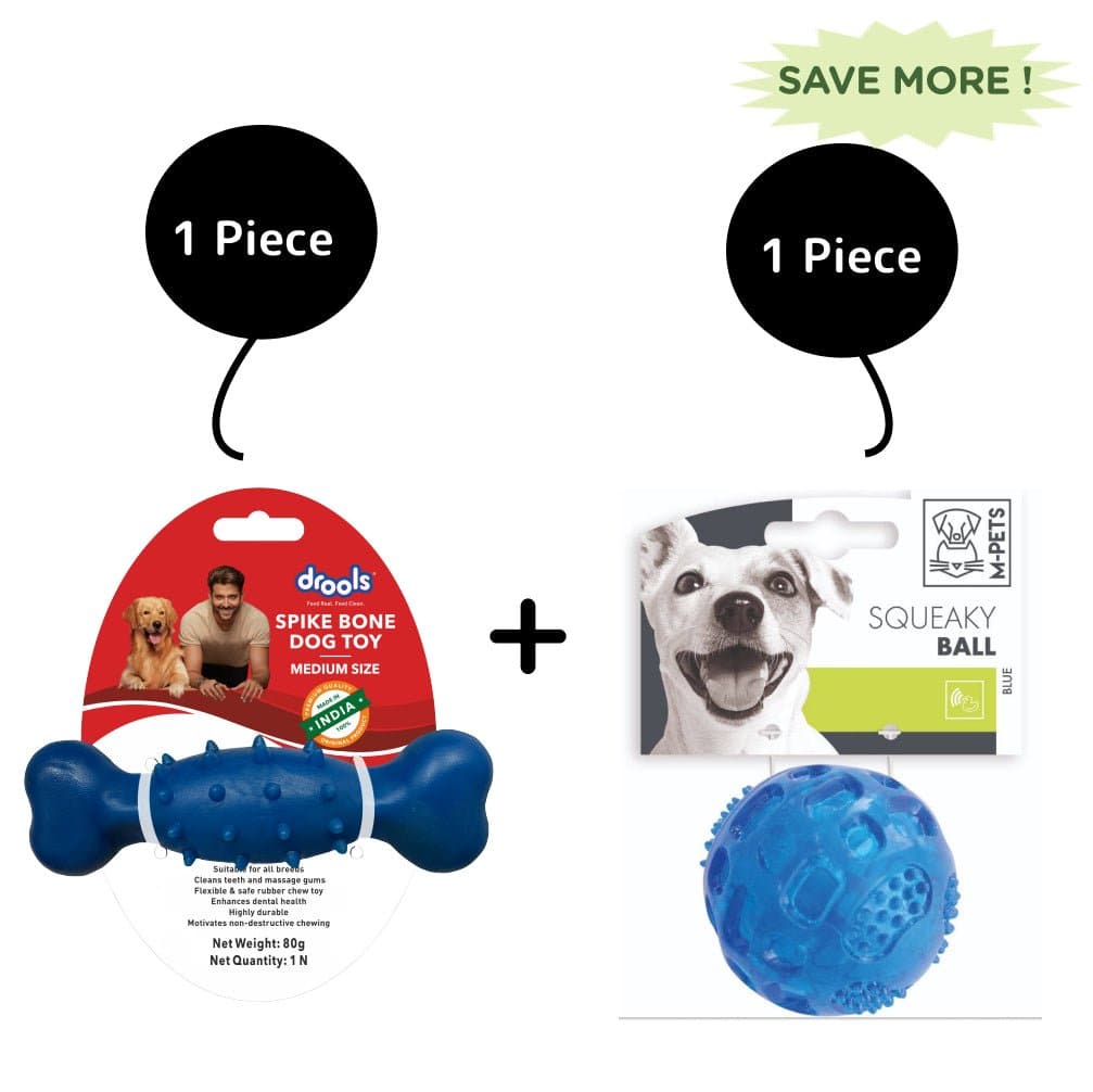 Drools Non Toxic Rubber Spike Bone and M Pets Squeaky Ball Toy for Dogs Combo