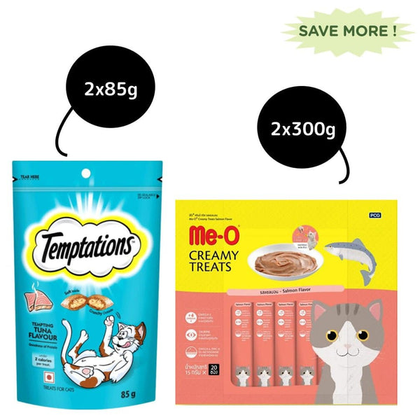 Me O Creamy Salmon and Temptations Tempting Tuna Flavor Cat Treats Combo