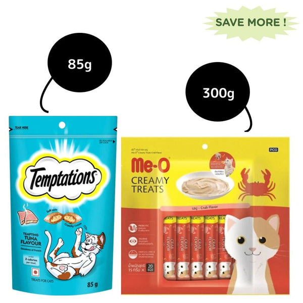 Me O Creamy Crab and Temptations Tempting Tuna Flavor Cat Treats Combo