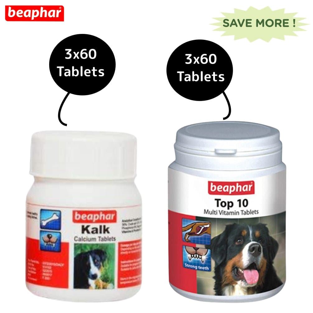 Beaphar Top 10 Multi Vitamin Supplement and Kalk Tablets Supplements for Dogs Combo