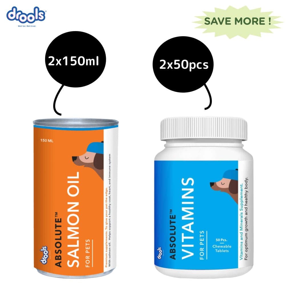 Drools Absolute Salmon Oil Syrup Supplement and Vitamin Supplement Tablets for Dogs Combo