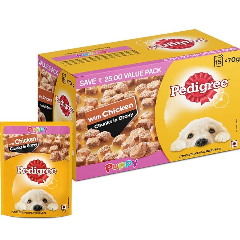 Pedigree Chicken Chunks in Gravy Pouch Puppy Wet Food and Chicken & Milk Puppy Dry Food Combo