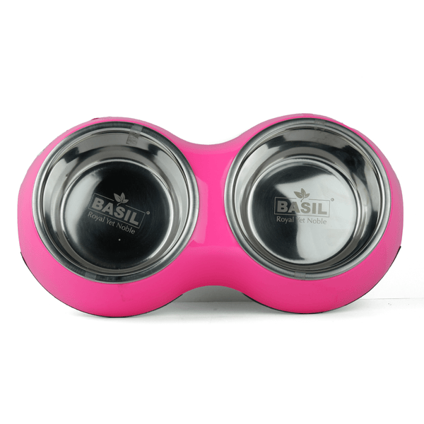 Basil Double Melamine Bowl Dinner Set for Dogs and Cats (Pink)