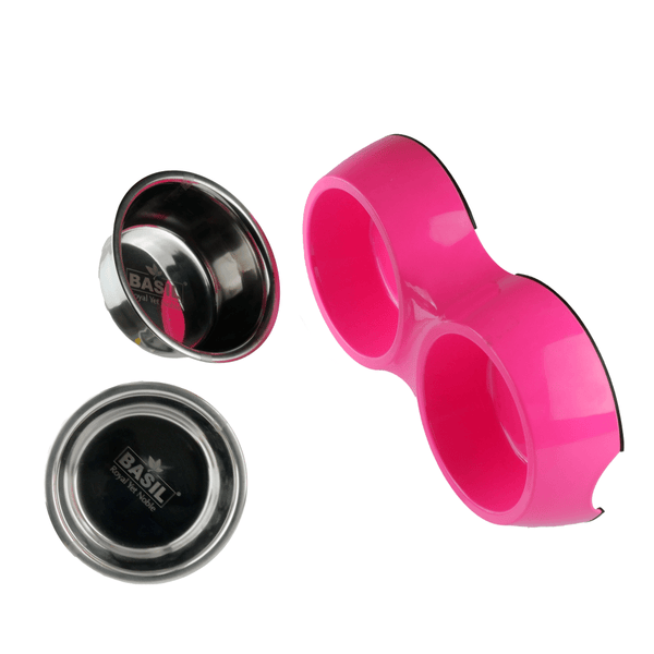 Basil Double Melamine Bowl Dinner Set for Dogs and Cats (Pink)