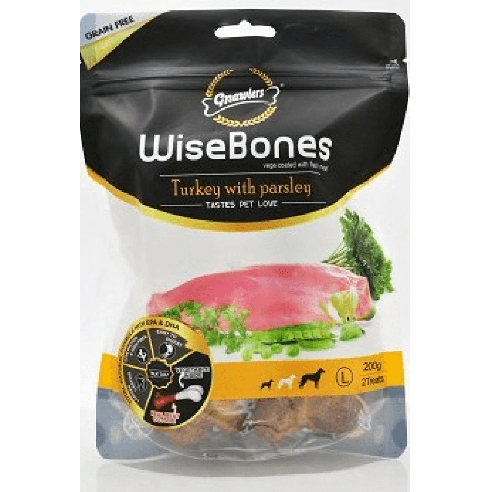 Gnawlers WiseBones Turkey with Parsley Dog Treats (200g) Dog Treats + Others Gnawlers Medium