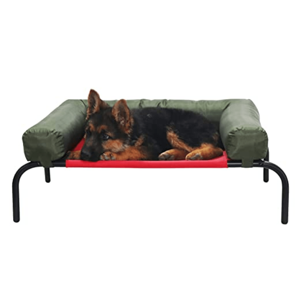 Hiputee Red/Green Canvas Elevated Bed with Detachable, Bolster Cushion for Pets