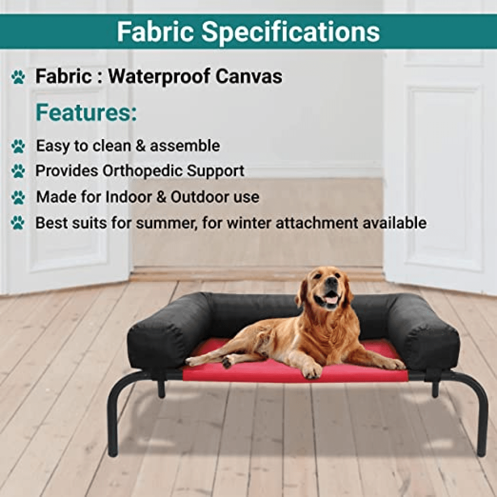 Hiputee Red/Black Canvas Elevated Bed with Detachable, Bolster Cushion for Pets