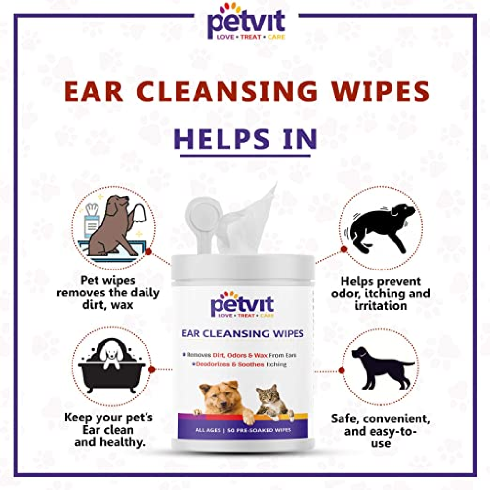 Petvit Ear Cleansing Wipes and Paw & Nose Wipes for Dogs and Cats Combo