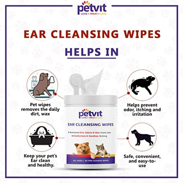 Petvit Ear Cleansing Wipes and Paw & Nose Wipes for Dogs and Cats Combo