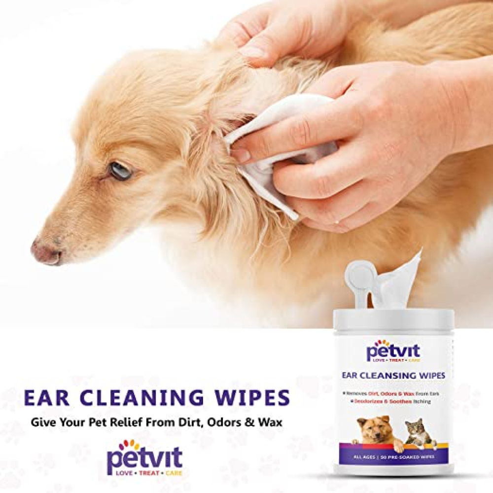 Petvit Ear Cleansing Wipes and Paw & Nose Wipes for Dogs and Cats Combo