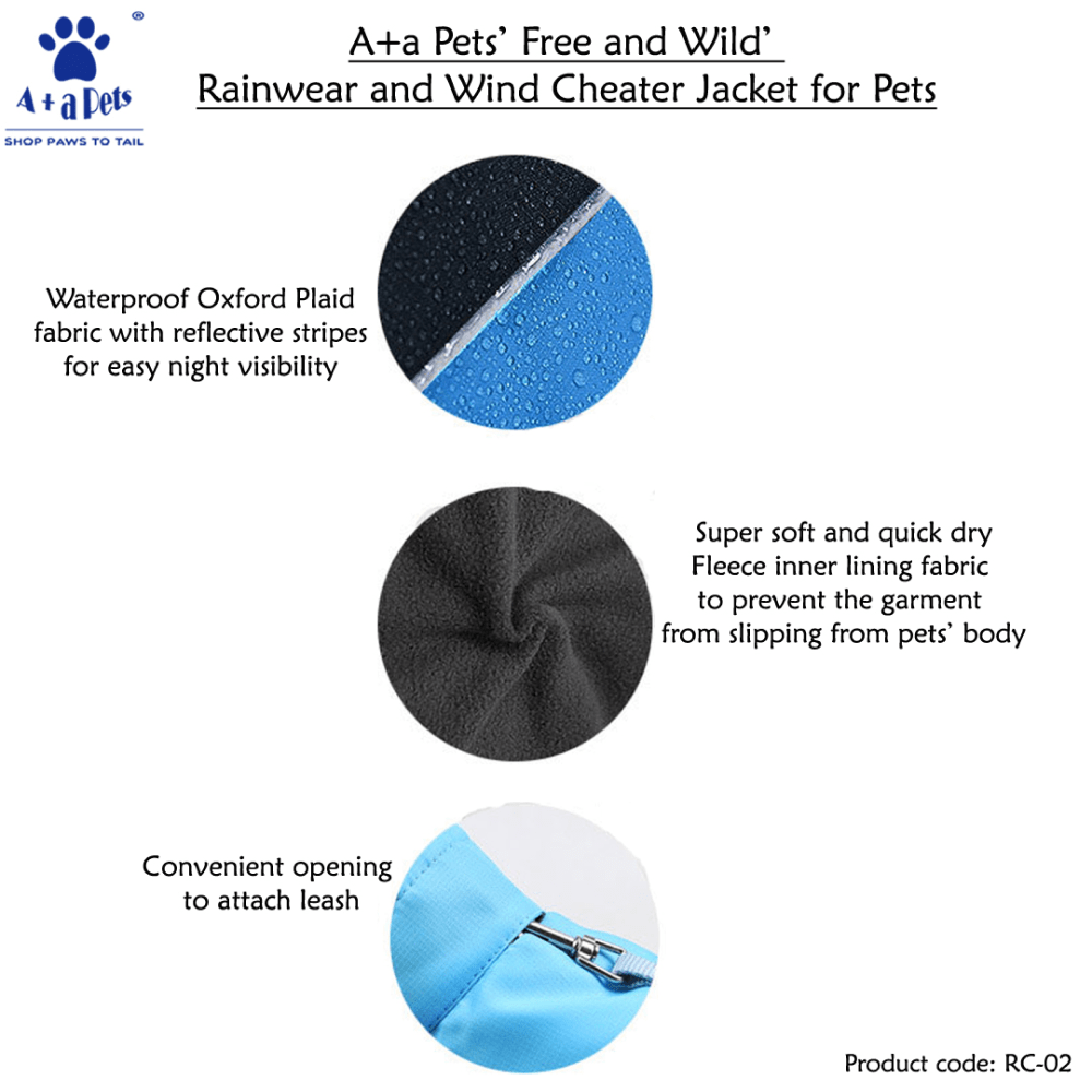 A Plus A Pets Free & Wild Warm Rainwear Wind Cheater Jacket for Dogs and Cats (Blue)