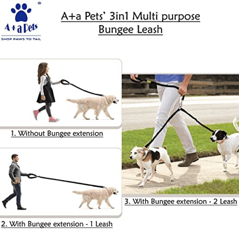 A Plus A Pets 3in1 Multi Purpose Bungee Leash for 2 Dogs (Blue)