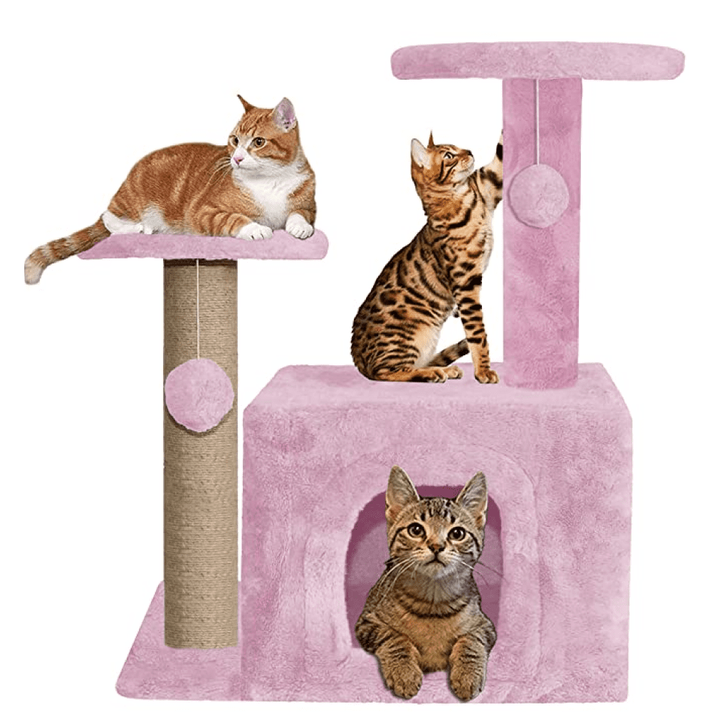 Hiputee Fur Cat Activity Tree, Two Floor Tower, Natural Sisal Rope, Scratching Post, Hanging Balls for Cats and Kitten (Pink)