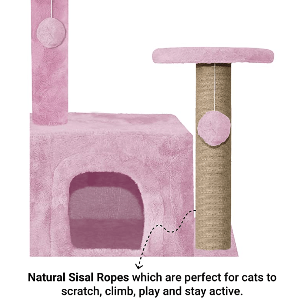 Hiputee Fur Cat Activity Tree, Two Floor Tower, Natural Sisal Rope, Scratching Post, Hanging Balls for Cats and Kitten (Pink)