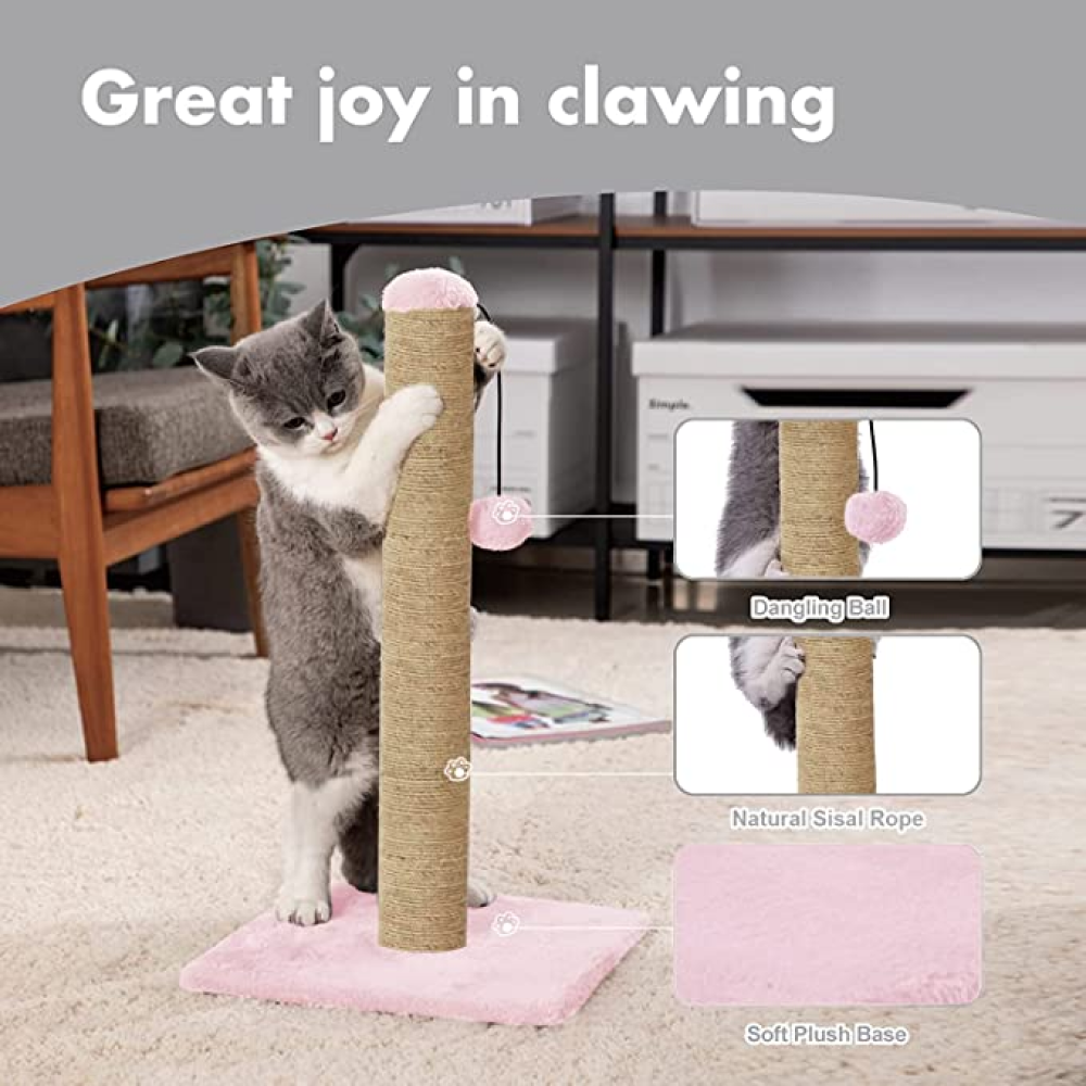 Hiputee Scratching Post, Hanging Ball, Plush Fur Fabric, Sisal/Jute Rope, Stable Heavy Base Tree for Kittens & Cats (Pink)