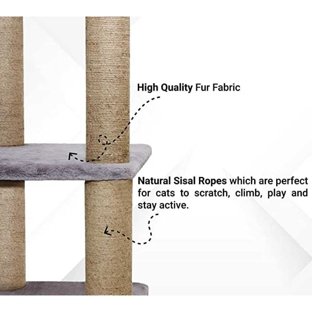 Hiputee Soft Fur Activity  Scratching Post, Natural Sisal Rope, Three Floor Tower, Hanging Ball Tree for Cats (Grey)