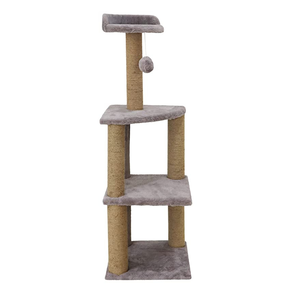 Hiputee Soft Fur Activity  Scratching Post, Natural Sisal Rope, Three Floor Tower, Hanging Ball Tree for Cats (Grey)