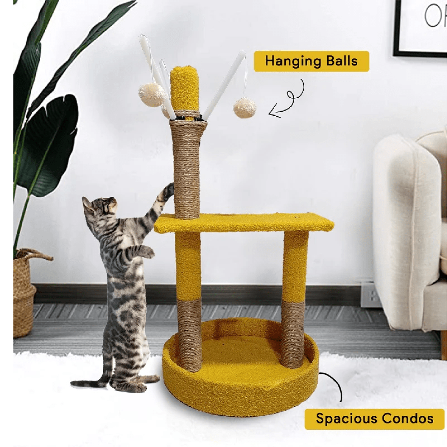 Goofy Tails Cat Tree Post with Toy for Kittens & Cats (Yellow)