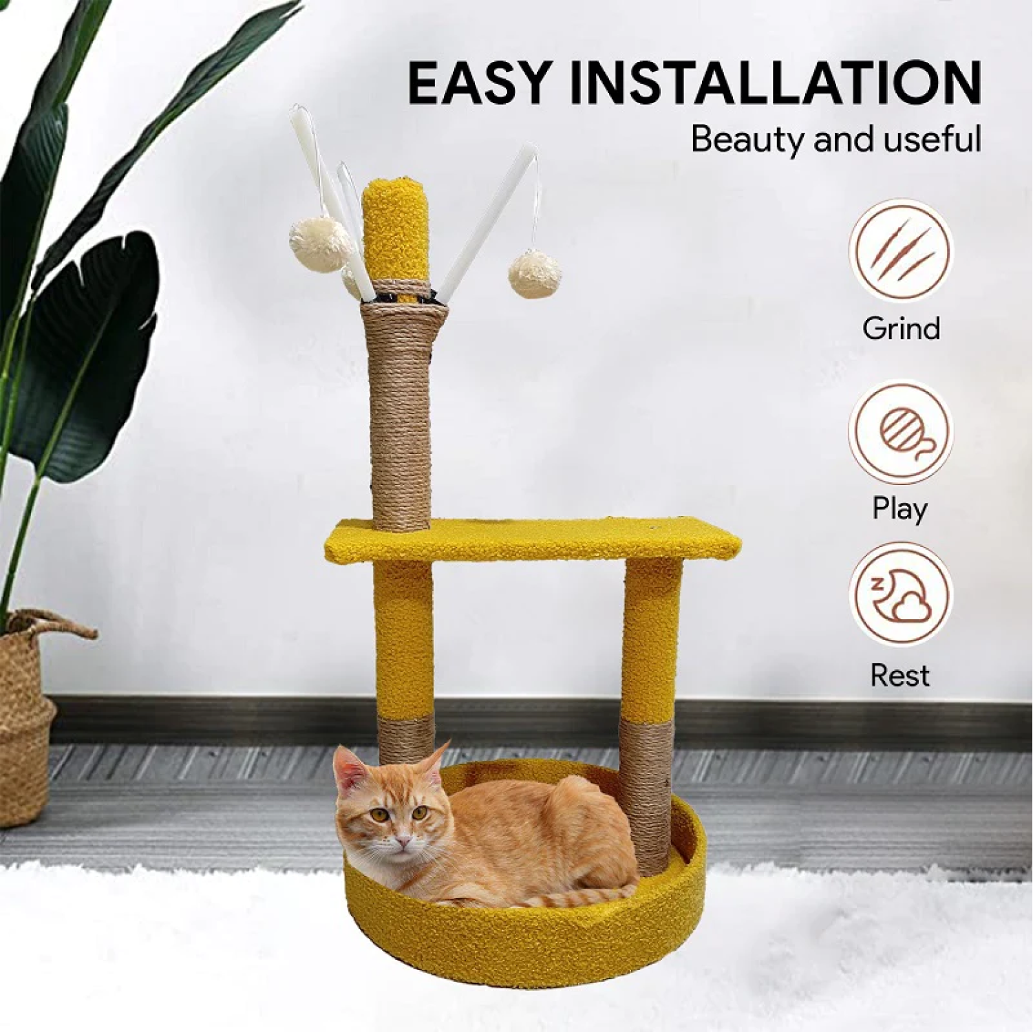 Goofy Tails Cat Tree Post with Toy for Kittens & Cats (Yellow)