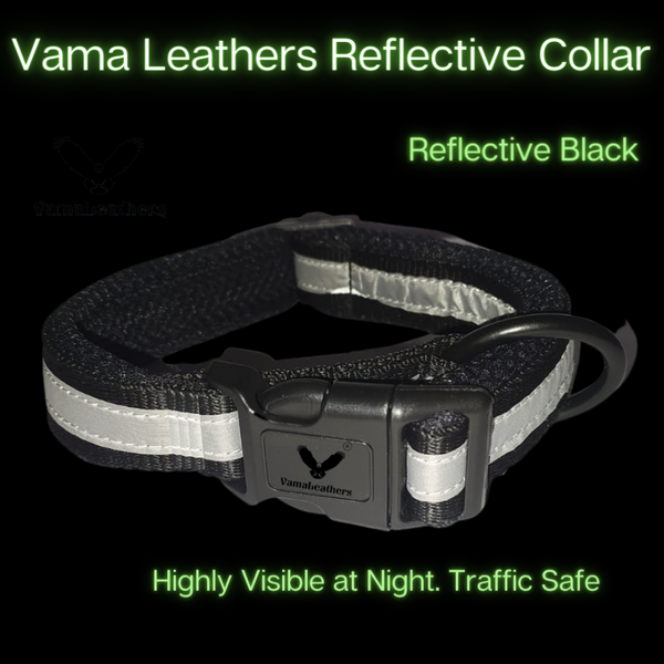 Vama Leathers Night Visible Reflective All Weather Everyday Collar for Dogs (Shiny Black)