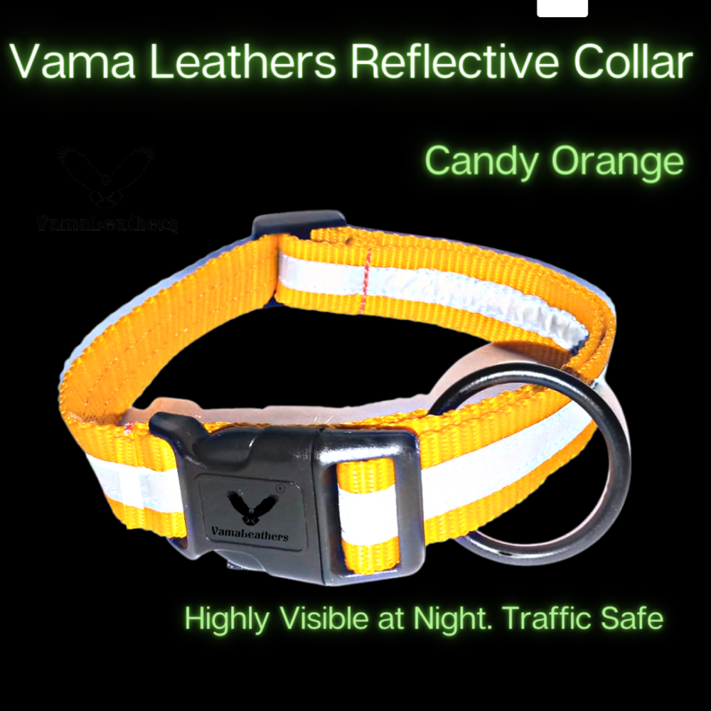 Vama Leathers Night Visible Reflective All Weather Everyday Collar for Dogs (Sunrise Orange)