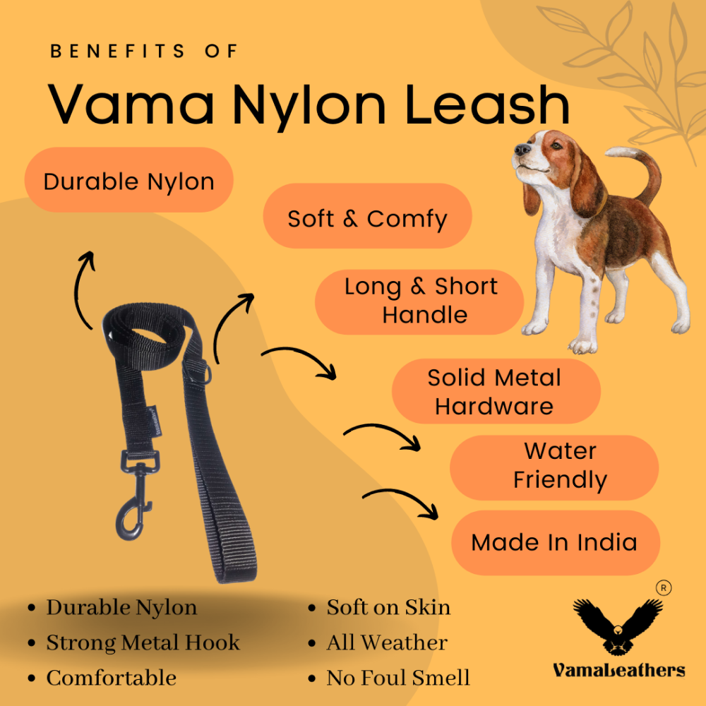 Vama Leathers Super Strong & Durable Nylon Leash for Dogs (Midnight Black)