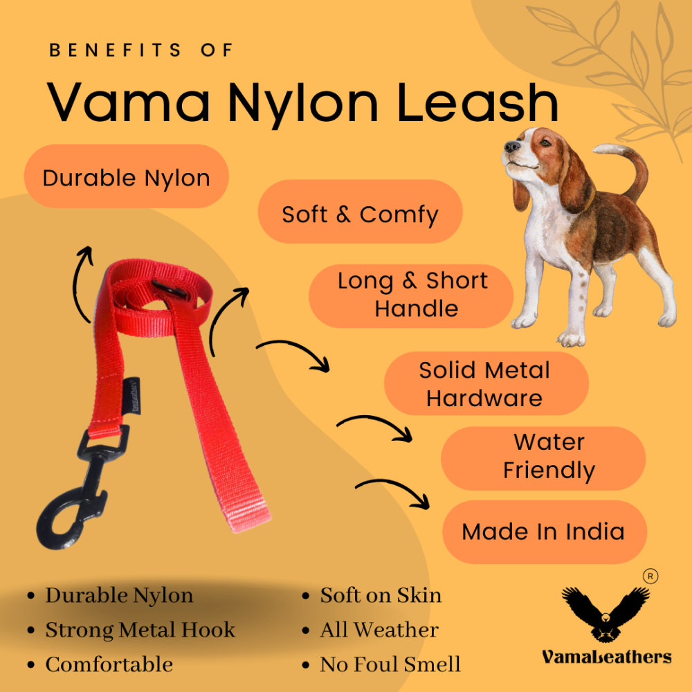 Vama Leathers Super Strong & Durable Nylon Leash for Dogs (Racing Red)
