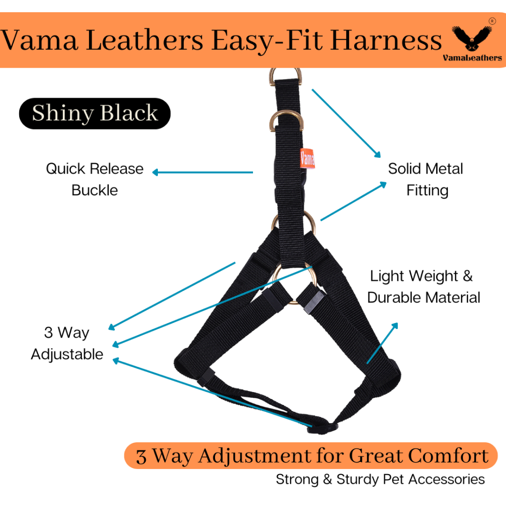 Vama Leathers Easy Fit Quick Wear Comfortable Body Harness for Dogs (Shiny Black)