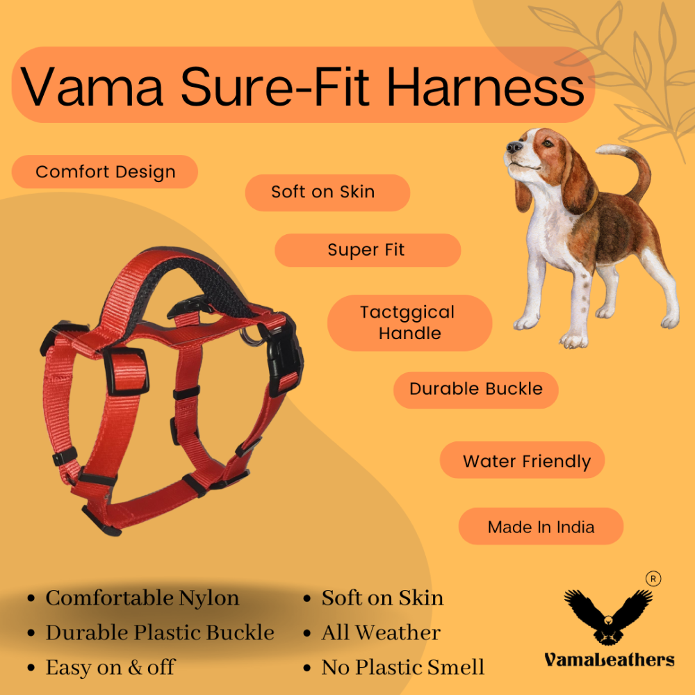 Vama Leathers Sure Fit Soft & Strong Nylon Harness for Dogs (Racing Red)