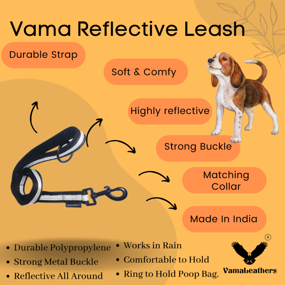 Vama Leathers Reflective Soft Handle All Weather Leash for Dogs (Shiny Black)