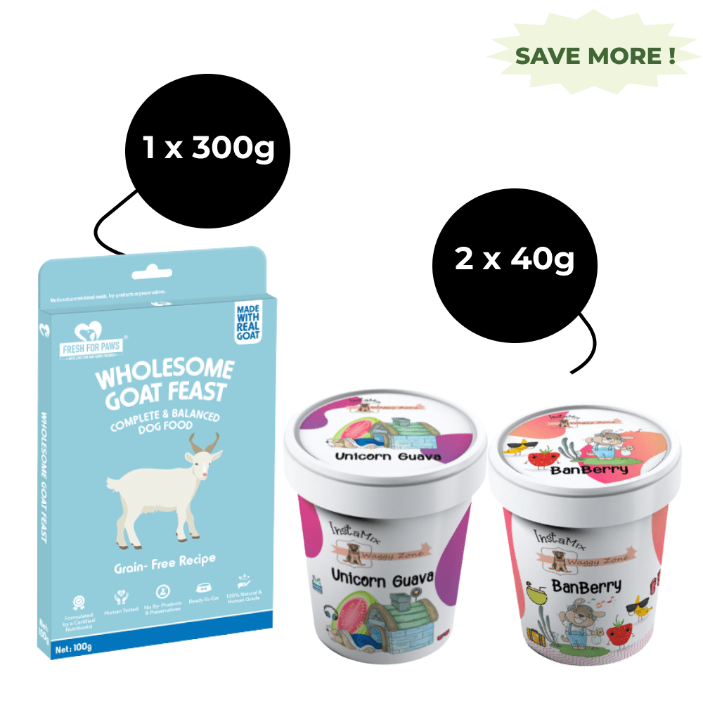 Fresh For Paws Wholesome Goat Feast Wet Food and Waggy Zone Pink Guava & Banberry Ice Cream for Dogs Combo