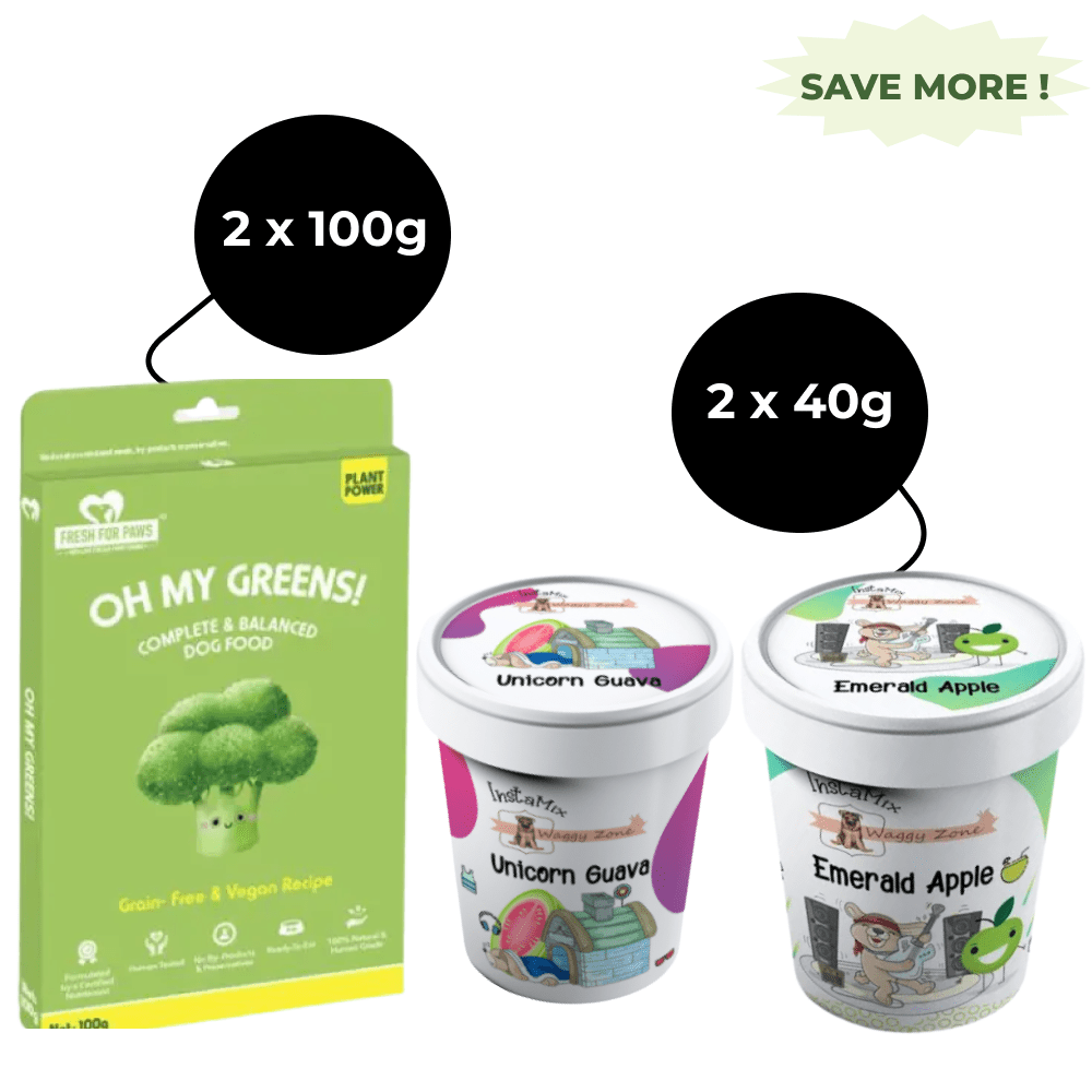 Fresh For Paws Oh My Greens Wet Food and Waggy Zone Green Apple & Pink Guava Ice Cream for Dogs Combo