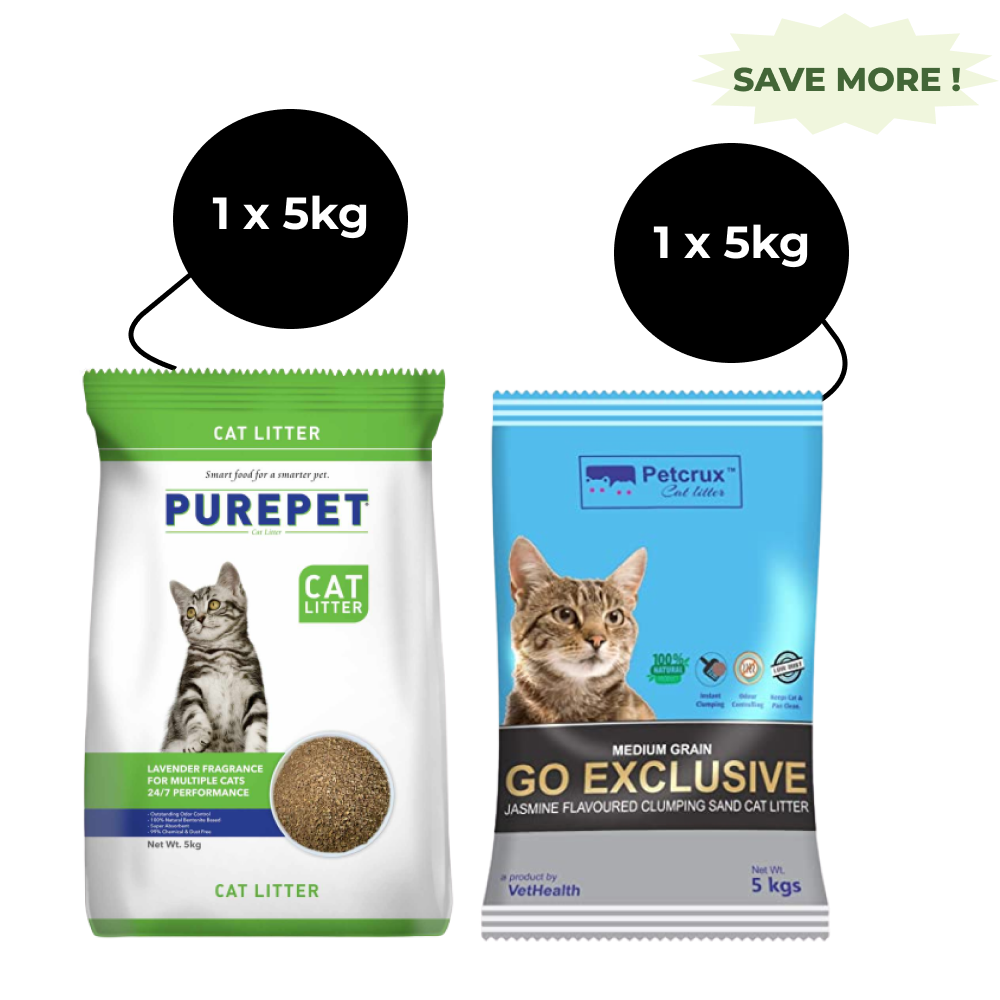 Purepet Lavender Scented Clumping Cat Litter and Petcrux Scoopable Montonite Jasmine Scented Cat Litter in Reusable Jute Bag (5kg + 5kg)