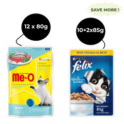 Me O Tuna & Sardine in Jelly Kitten and Purina Felix Chicken with Jelly Adult Cat Wet Food Combo (12+12)