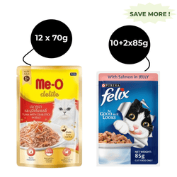 Me O Delite Tuna with Crab Sticks in Jelly and Purina Felix Salmon with Jelly Adult Cat Wet Food Combo (12+12)