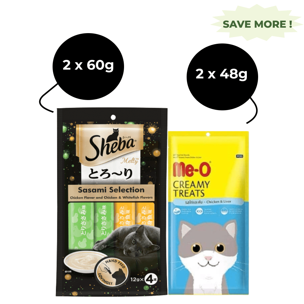 Me O Creamy Chicken & Liver and Sheba Chicken & Chicken Whitefish Sasami Selection Melty Premium Cat Treats Combo