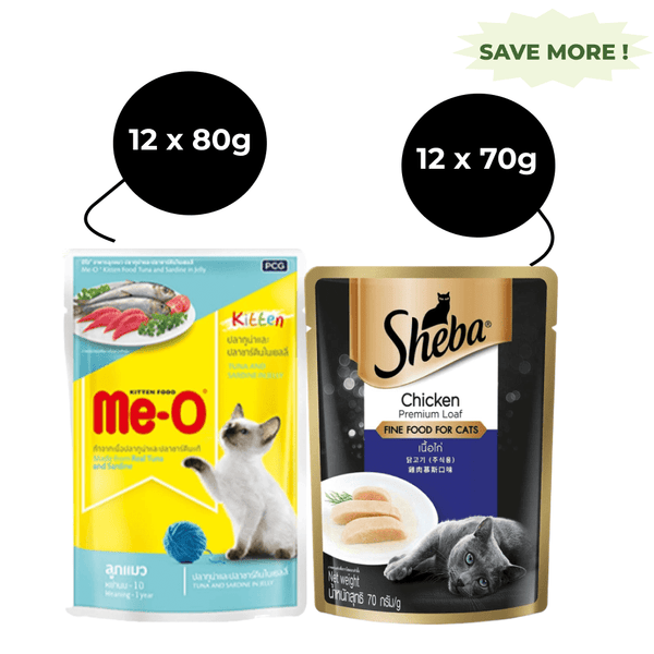 Me O Tuna & Sardine in Jelly Kitten and Sheba Chicken Loaf Rich Premium Adult Fine Cat Wet Food Combo