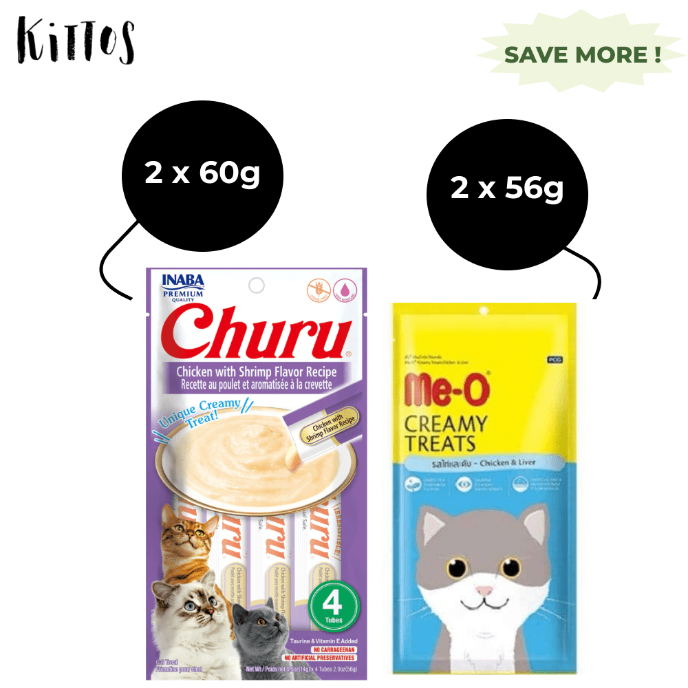 Me O Creamy Chicken & Liver and INABA Churu Chicken with Shrimp Creamy Cat Treats Combo (2+2)