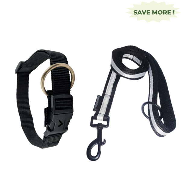Vama Leathers Soft Durable Nylon Collar and Reflective Soft Handle All Leather Leash for Dogs Combo (Black)